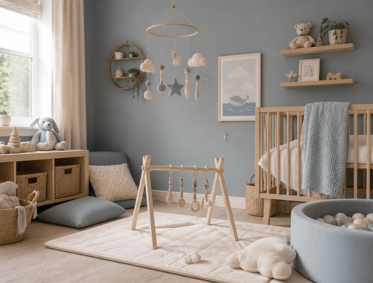 Cosy baby room with soft mats, mobiles and natural light