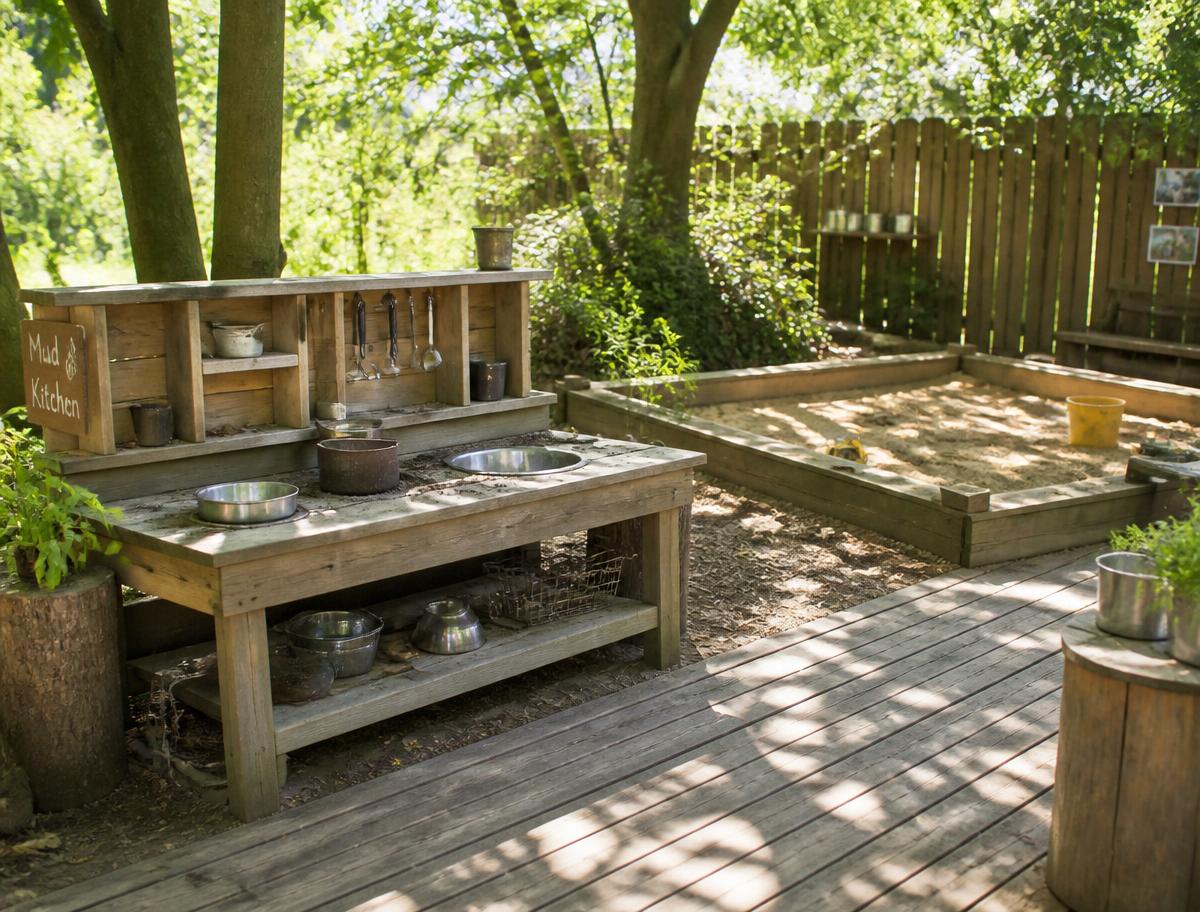 Outdoor mud kitchen and sandpit under trees